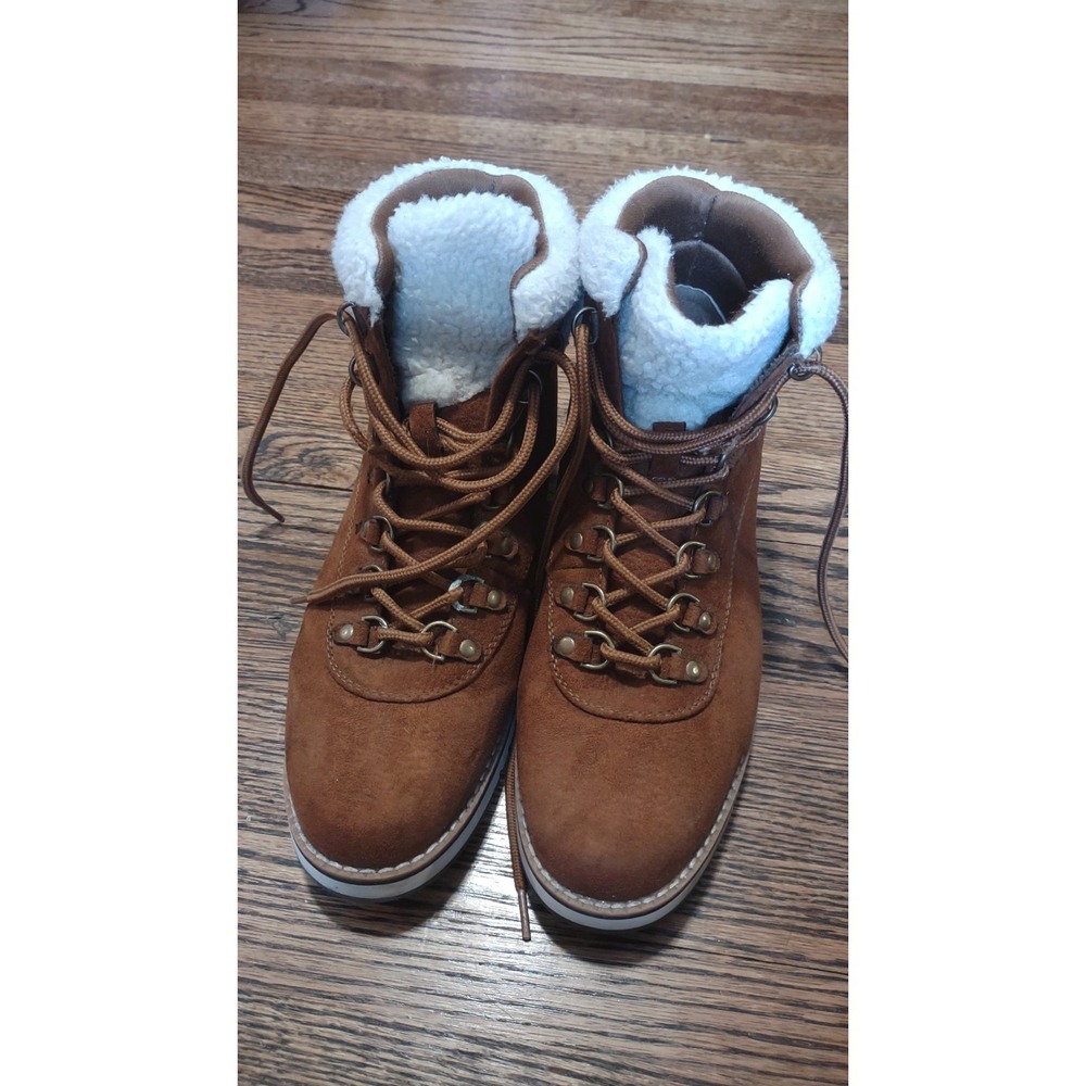 White Mountain Cozy Women's 9M Brown Suede Lace Up Ankle Boots Sherpa Trim